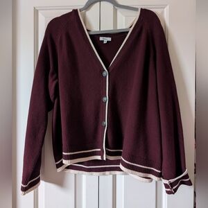 Maroon Button-Front Cardigan with Cream Trim